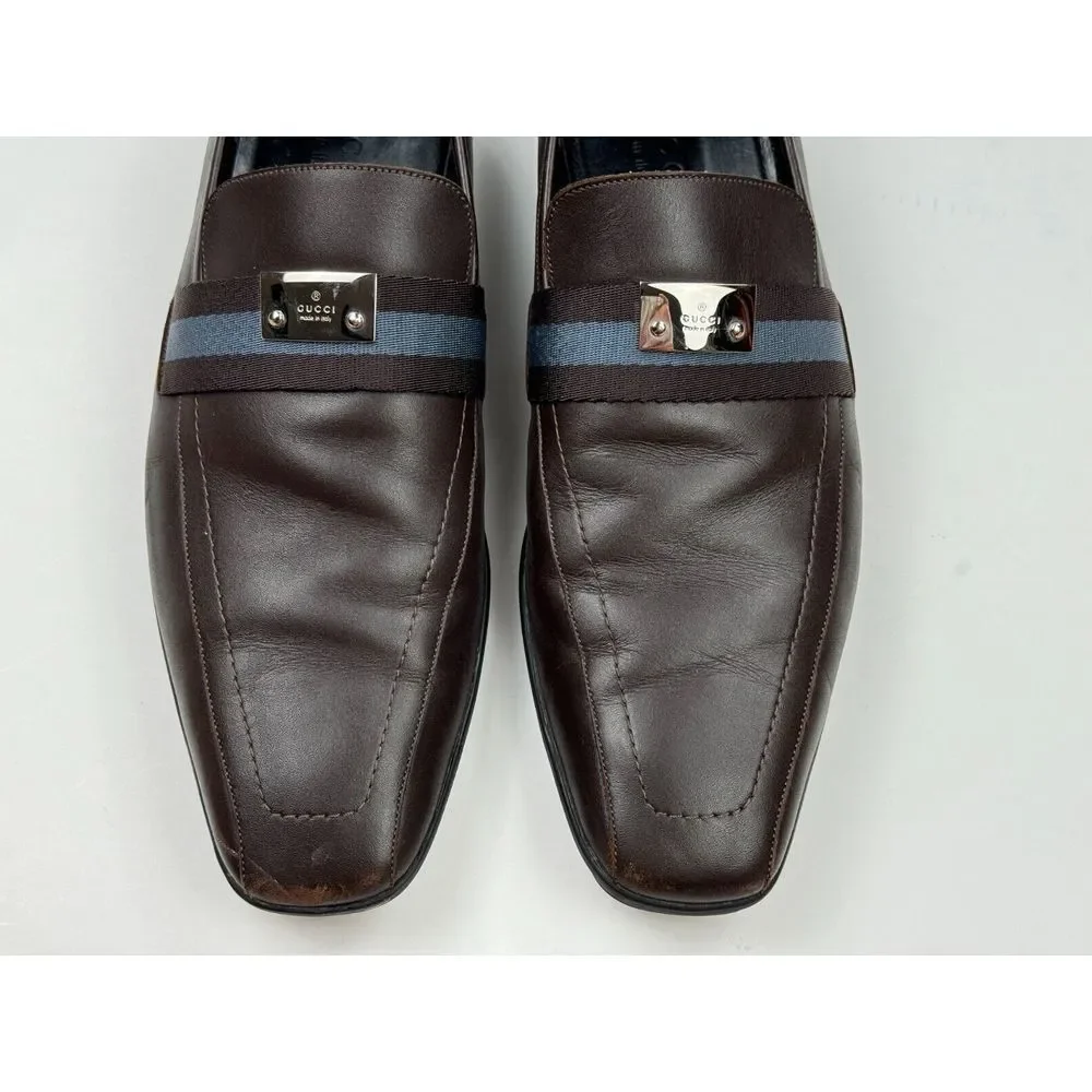 GUCCI Brown Leather Blue Ribbon Luxury Loafer Mens 8.5 D Flaw* Comfort‎ Shoes